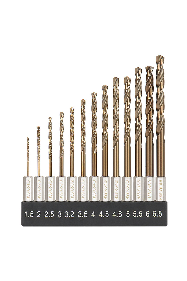 مجموعة من 13 قطعة من مثقاب الكوبالت HSS-Co M35/HSS4241 الملتوي، بمدى من 1.5 إلى 6.5 مم، وساق سداسية 1/4 بوصة