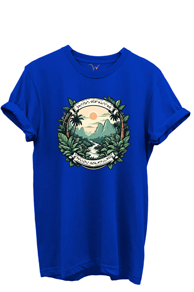 Hunting Nature Themed 100% Cotton Regular Fit Unisex T-Shirt with Tropical Forest and Mountain View