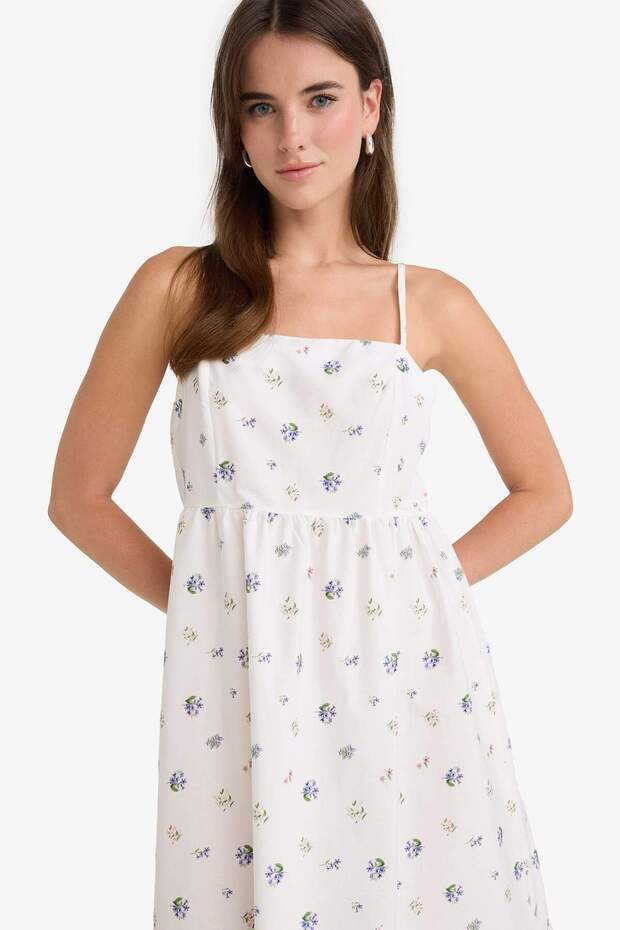 Kare Yaka Çiçek Desenli Poplin Askılı Midi Elbise F8909AX25AU - 6