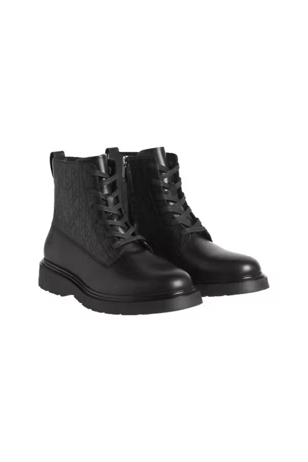 Men's Monogram Patterned Zippered Combat Boots - Black
