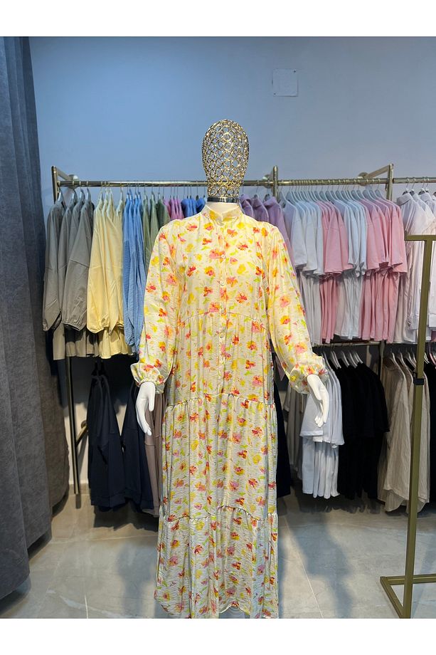 Çiçek desenli mango kumaş elbise - 2