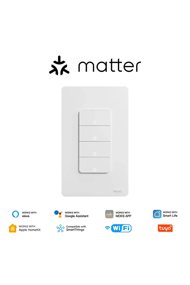 مفتاح إضاءة ذكي MOES بـ 4 أزرار، متوافق مع WiFi وMatter وTuya، يتطلب سلك محايد، يمكن التحكم به عبر التطبيق