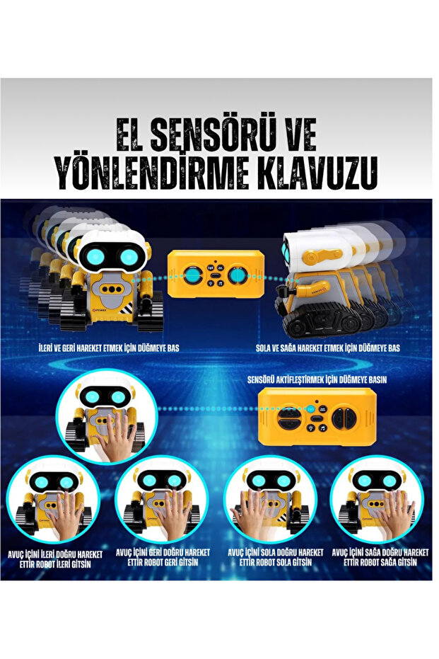 Uzaktan Kumandalı El Sensörlü Akıllı E robot, Şarjlı, Işıklı, Sesli Full Fonksiyon Robot - Mavi çöp - 5