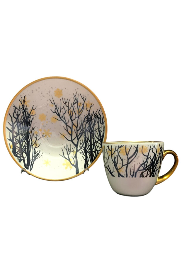 Handmade 4 Piece Porcelain Turkish Coffee Cup Set for 2 People Giallo Series