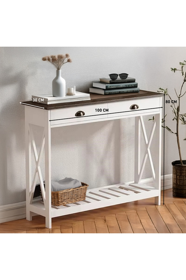 Console Table with Drawers, Narrow Wooden Sofa Table with Bottom Storage Shelf for Entryway - 5