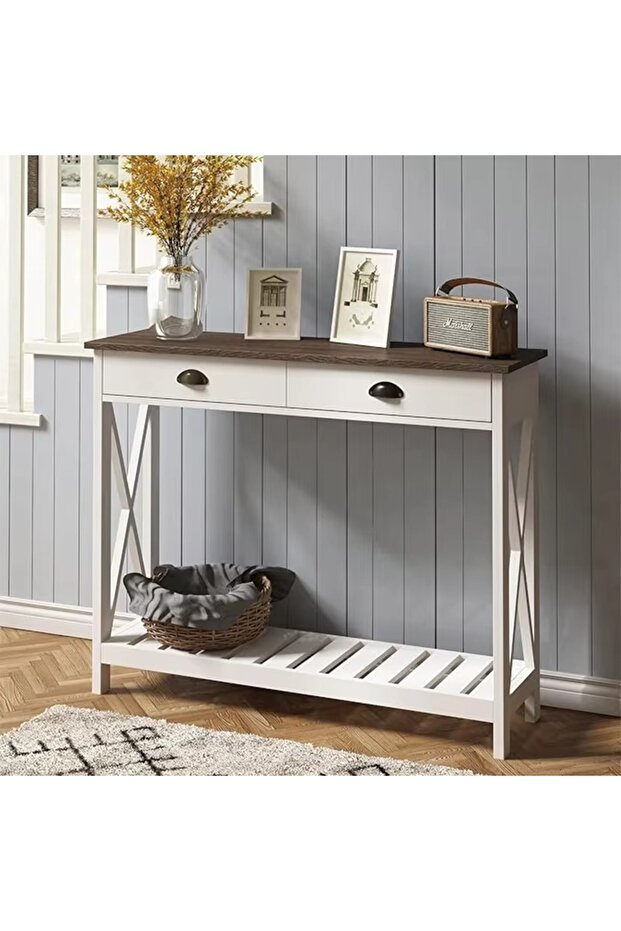 Console Table with Drawers, Narrow Wooden Sofa Table with Bottom Storage Shelf for Entryway - 2