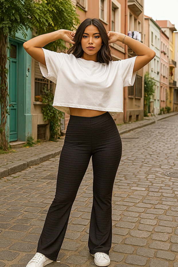 High Waist Jacquard Ribbed Wide Leg Trousers