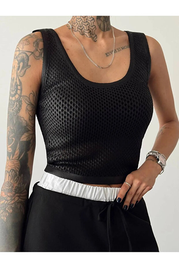 Black Openwork Tank Top
