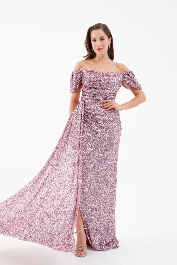 Women's Powder Slim Fit Sequin Embroidered Long Evening Dress