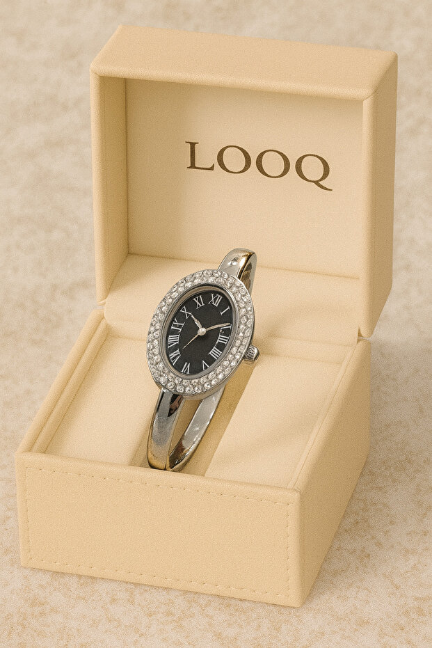 Roman Numeral Handcuff Model Women's Wristwatch with Stones