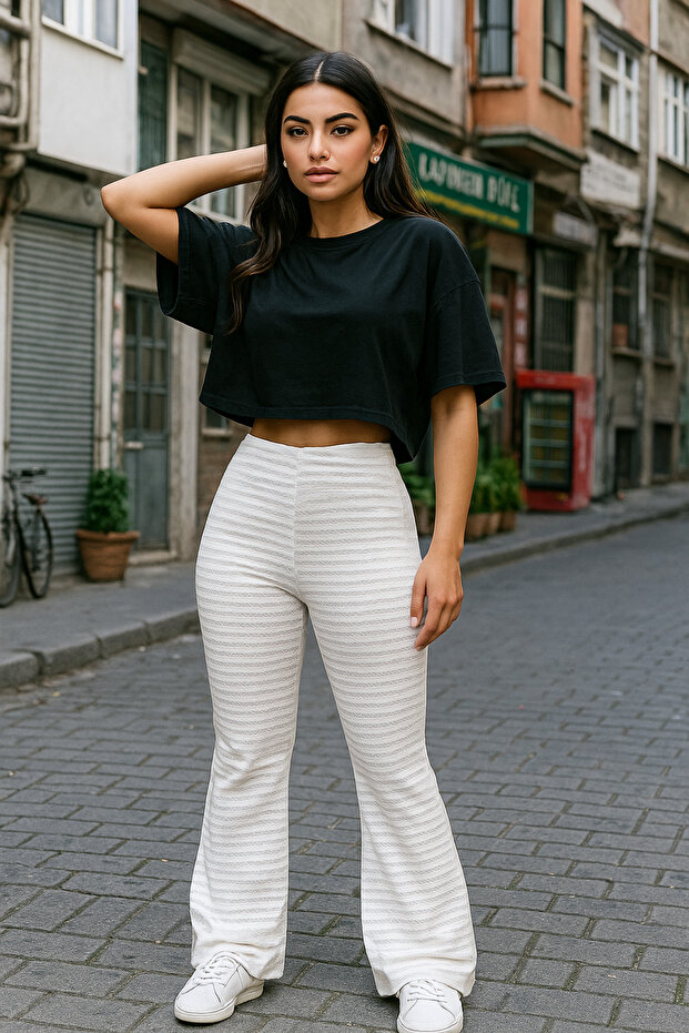 High Waist Jacquard Ribbed Wide Leg Trousers