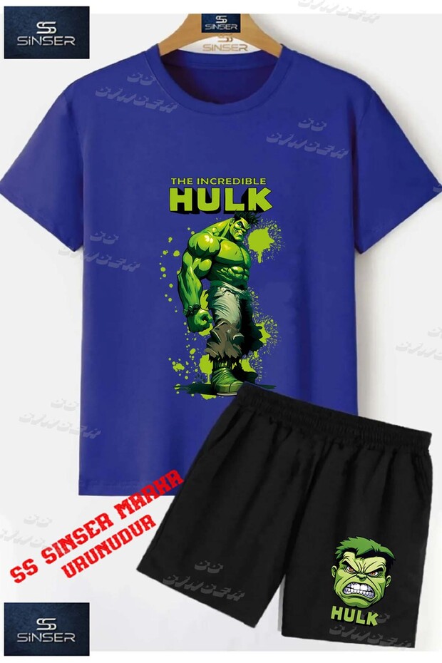 Children's Unisex “Hulk Alt Written Painted Single“ Special Printed Crew Neck T-Shirt - Shorts Set