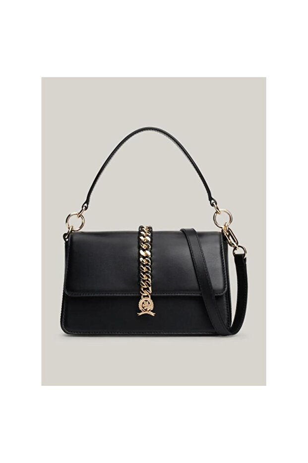 Kadın Örgülü Zincirli Deri Çapraz Çanta - Siyah - 1