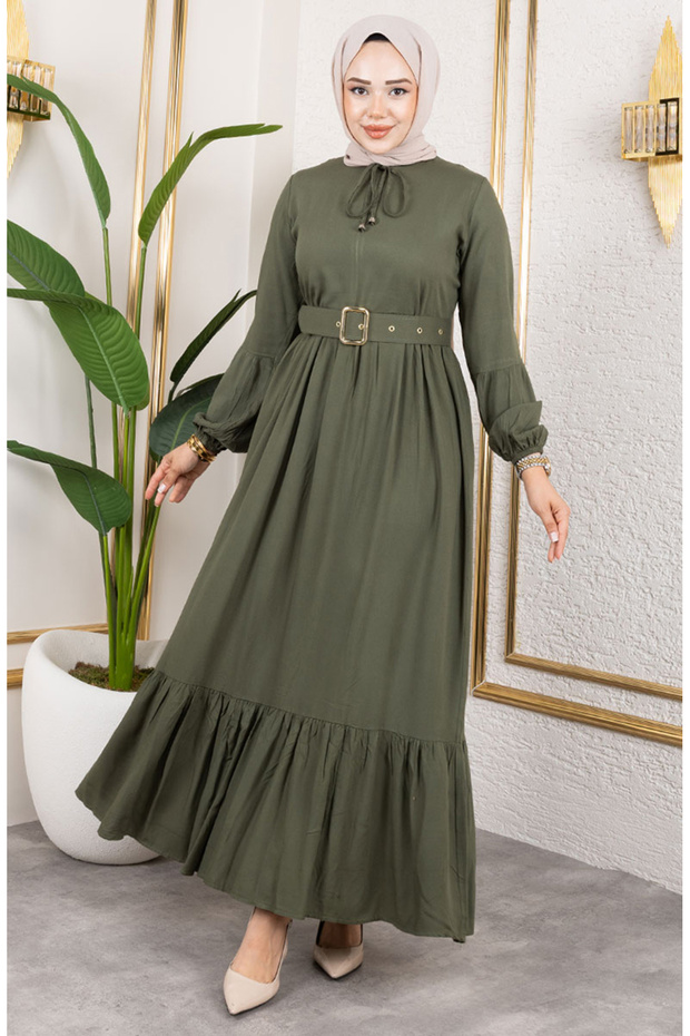 Belt Detailed Hijab Dress 0220-07 Khaki Green