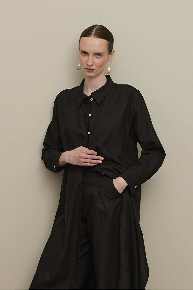 Britli Keten Maxi Gömlek Siyah - 6