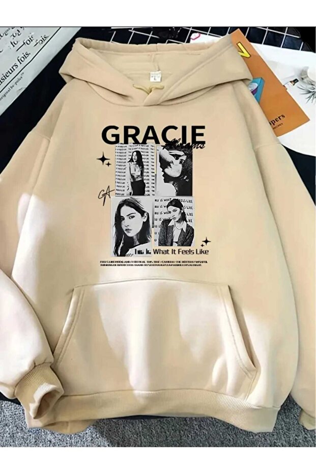 Gracie Abrams Printed Hooded Pocket Cotton Beige Sweatshirt