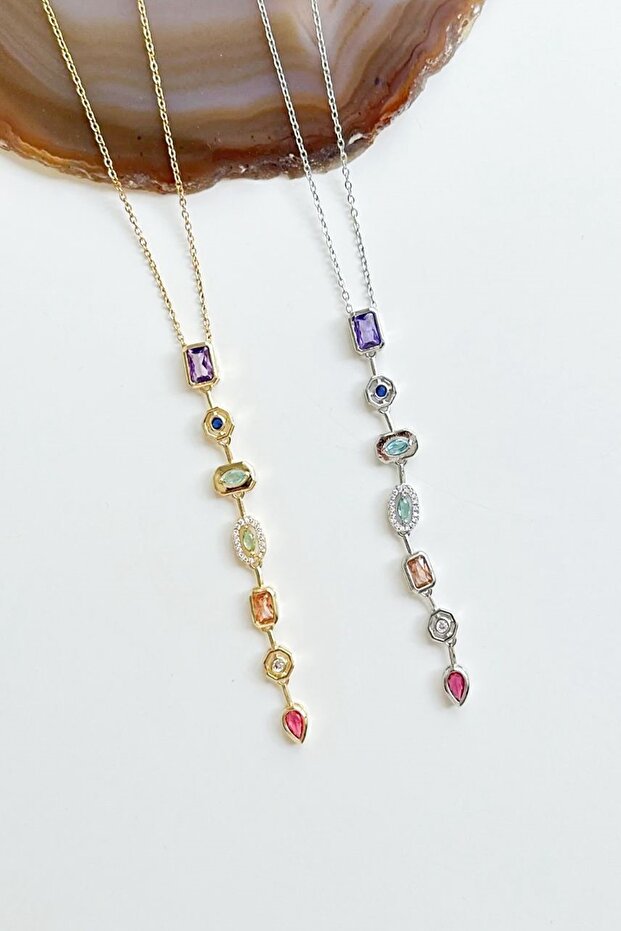 7 Elementli Renkli Taşlı Çelik Y Kolye - 5