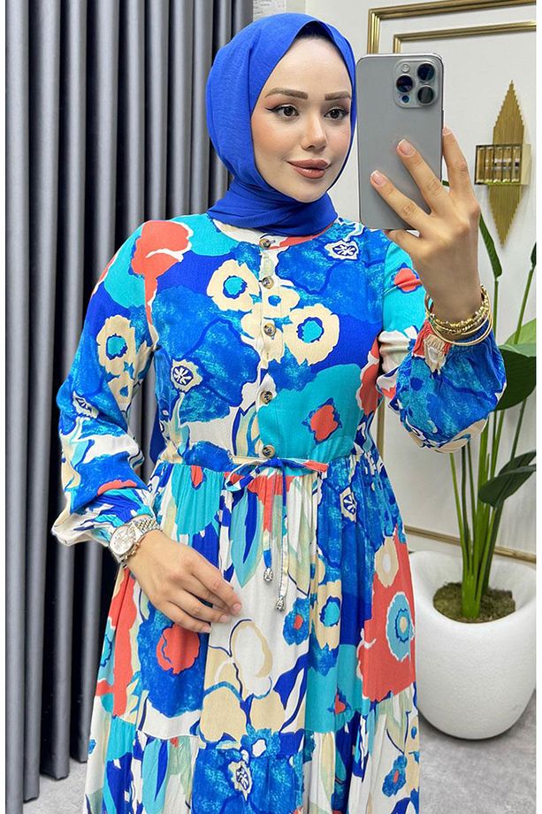 Flora Desenli Viskon Elbise 7129-03 Saks - 3