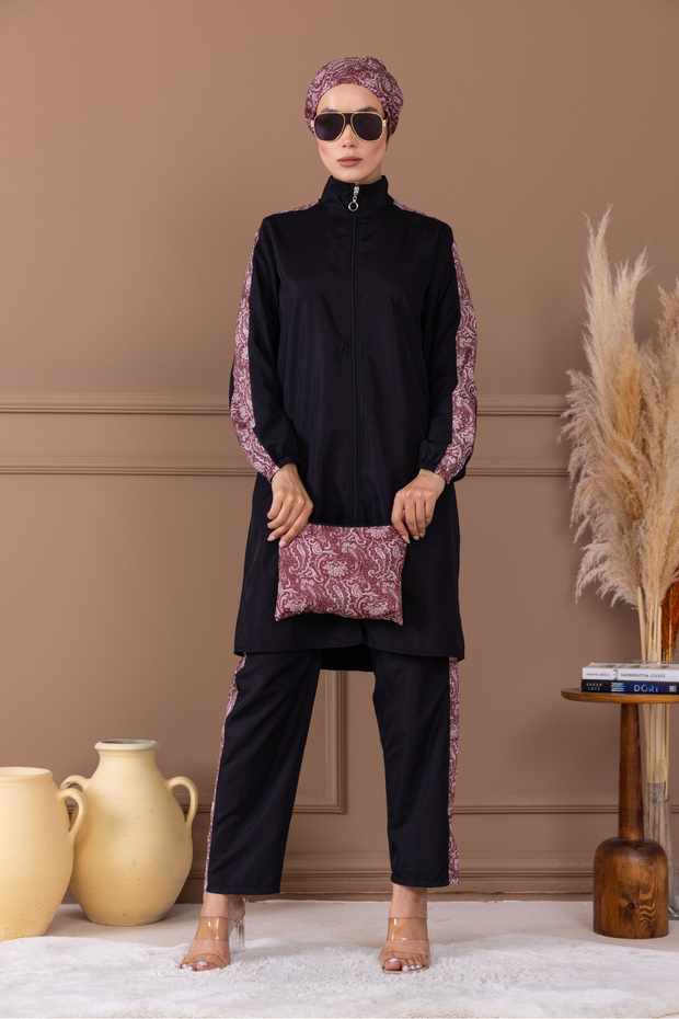 Leopard Pattern Bonnet and Bag Gift Gathered Waist Hijab Swimsuit Set