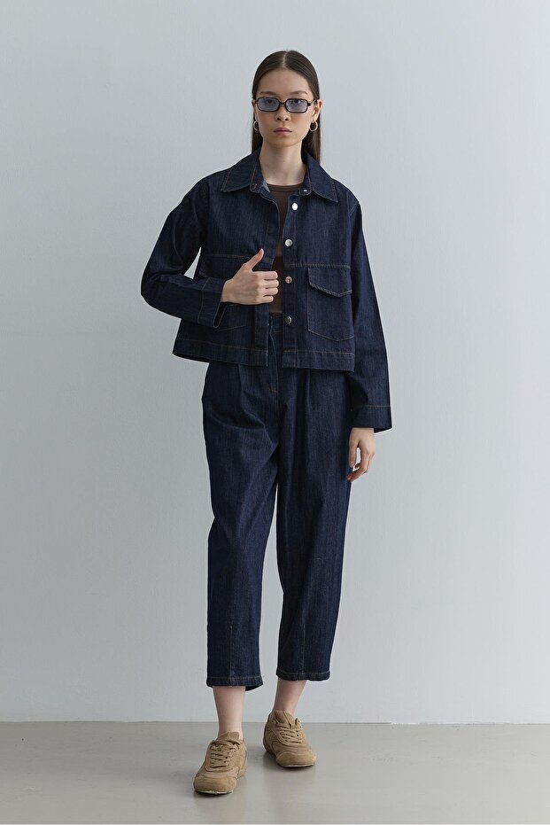 A Pleated Denim Jacket Navy Blue