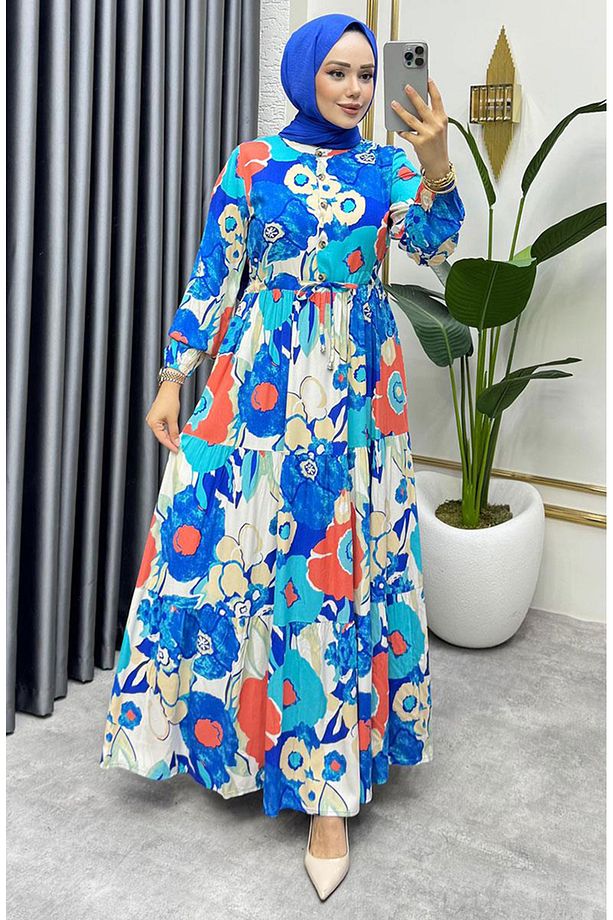 Flora Desenli Viskon Elbise 7129-03 Saks - 2