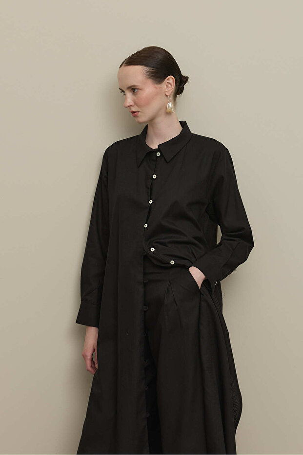 Britli Keten Maxi Gömlek Siyah - 8