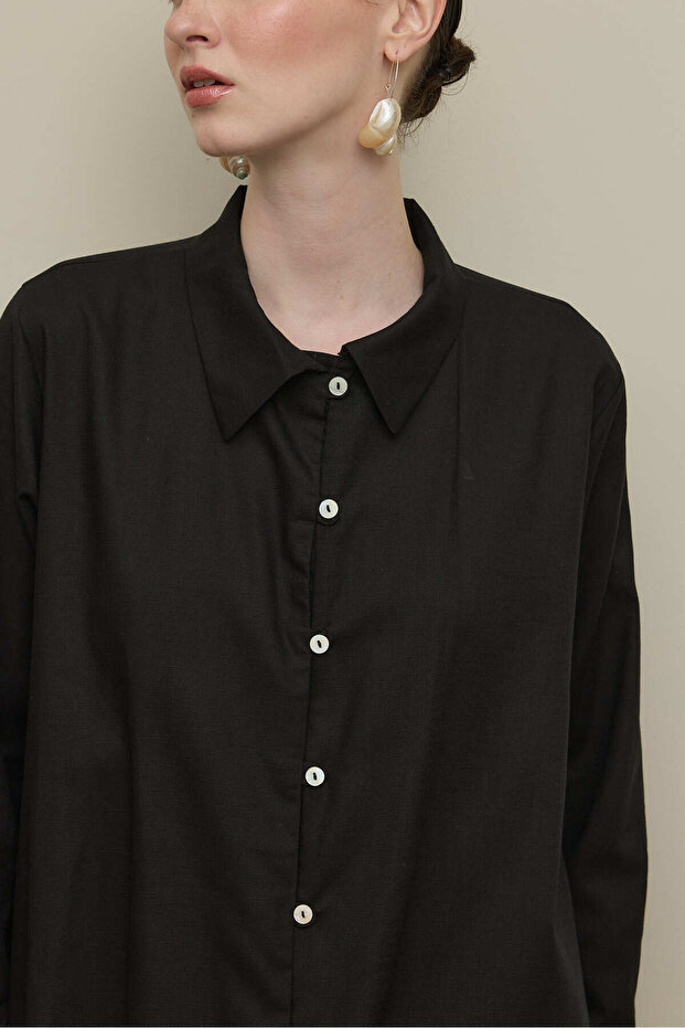 Britli Keten Maxi Gömlek Siyah - 4