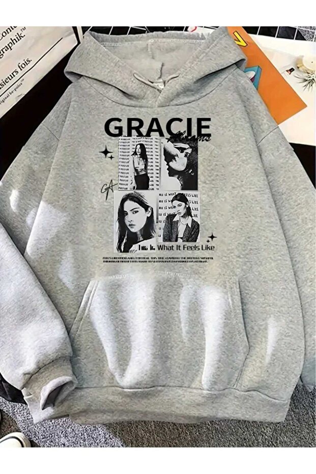 Gracie Abrams Printed Hooded Pocket Cotton Gray Sweatshirt