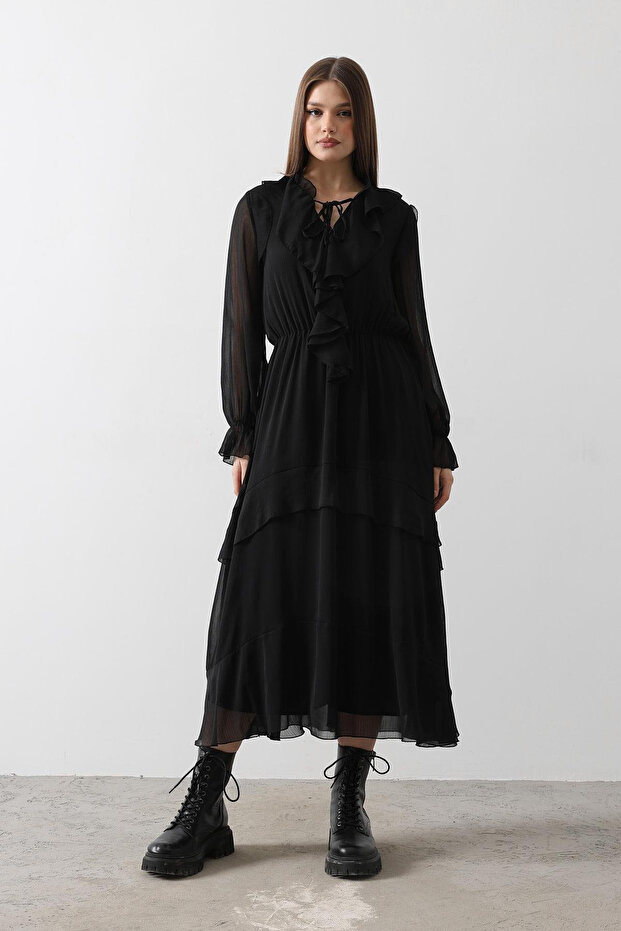 Kadın Siyah Astarlı Fırfır Detaylı Maxi Boy Şifon Elbise Vs00469 - 2