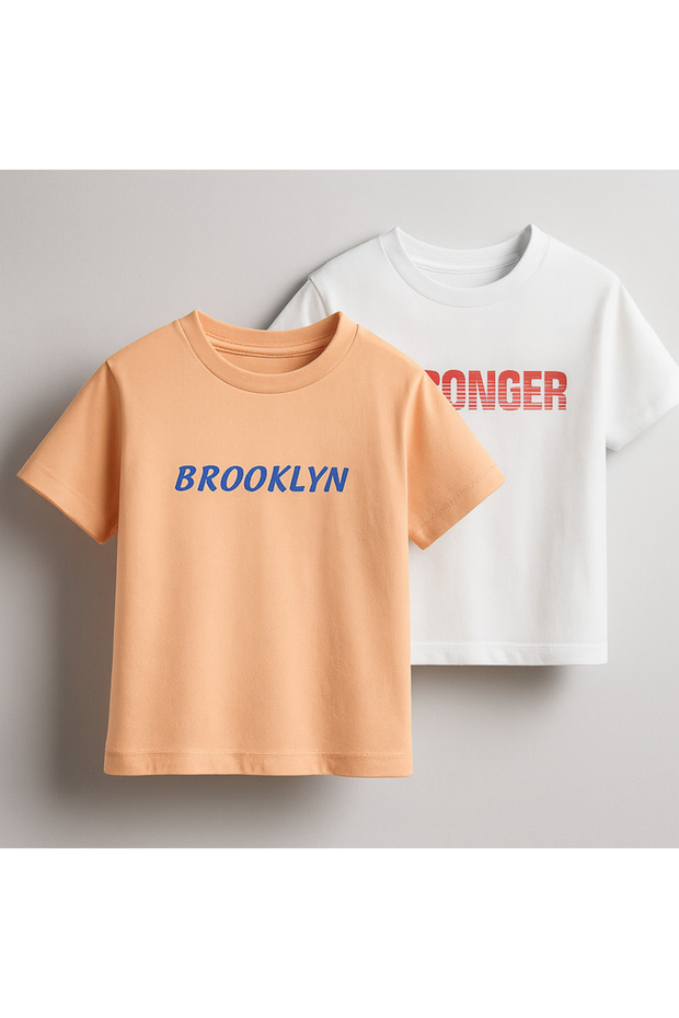 Junior Boys Pack of 2 Slogan Print Cotton T-Shirt - White and Peach