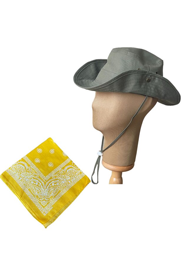 Summer Foldable Safari Fedora Cowboy Hat with Cotton Bandana Combination