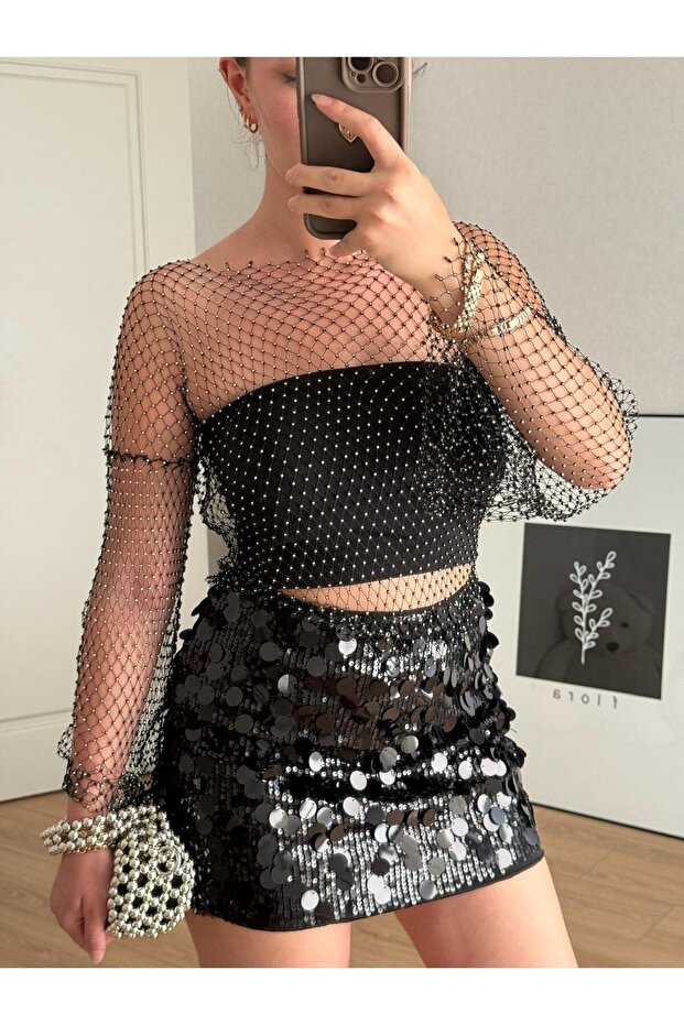 Siyah Payetli Mini Etek - 5