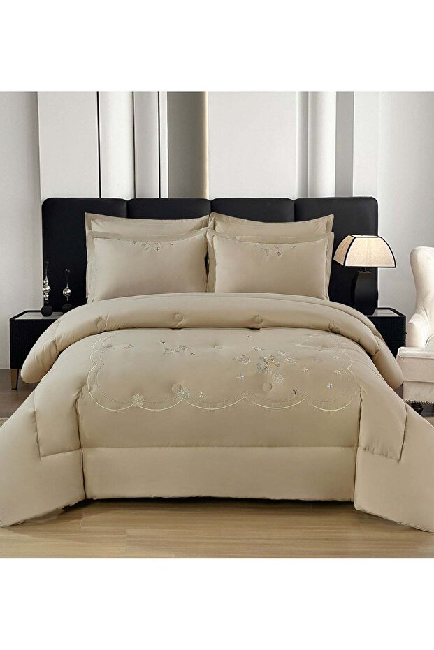 King Size Royalty Collection Floral Embroidered Beige Cotton 6Pc Comforter Set