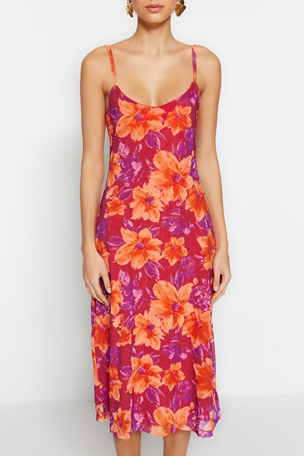 Pembe Çiçek Desenli Yırtmaç Detaylı Astarlı Tül Askılı Belden Açılan Midi Elbise - 4