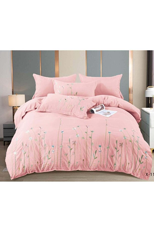 6Pc UltraSoft Cotton King Size Floral Embroidered Pink Comforter Set