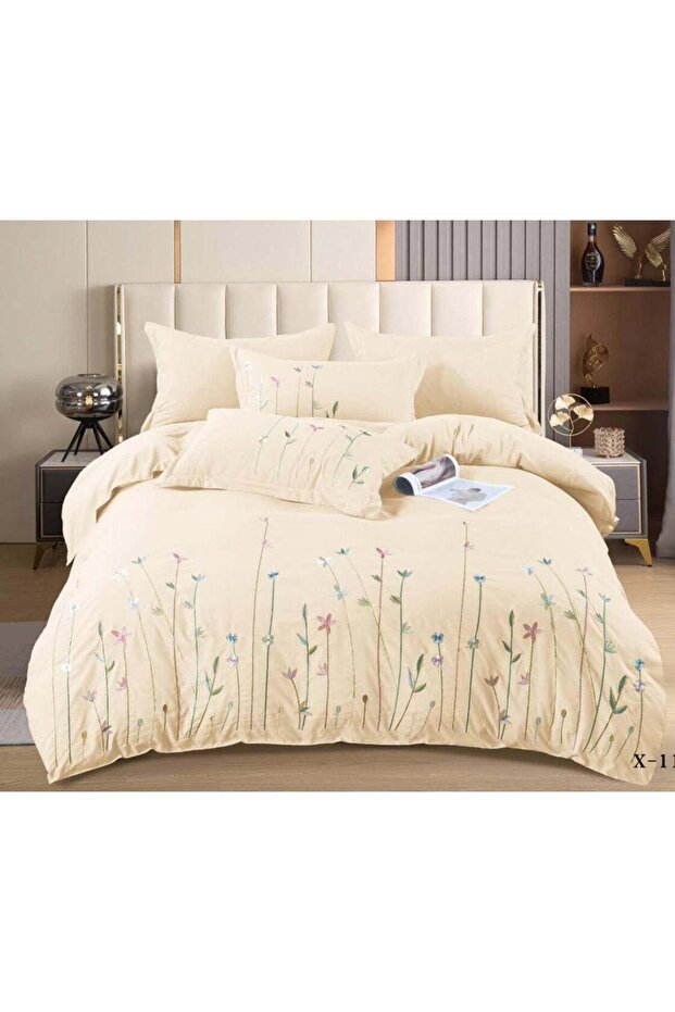 6Pc Cotton Luxurious Embroidered Floral Cream King Size Comforter Set
