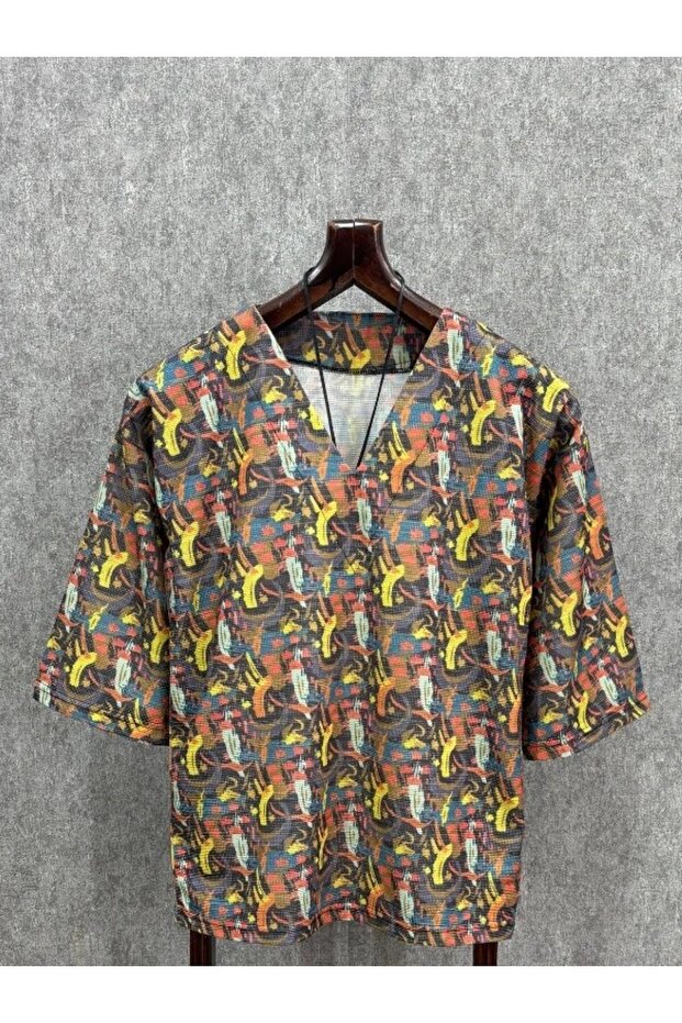 Oversize V Neck Poor Sleeve Patterned Tshirt