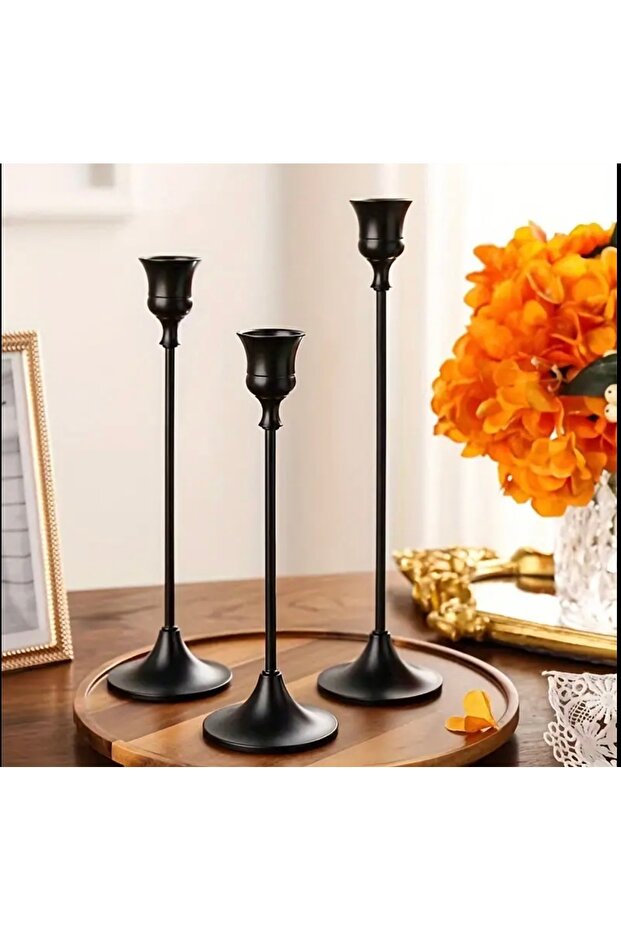 Siyah Şamdan, 3lü Vintage Şamdan, Pirinç Metal Şamdan - 1