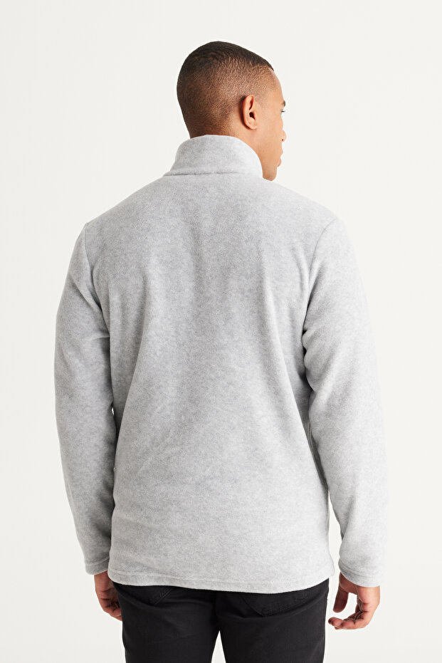 Erkek Gri Melanj Standart Fit Dik Bato Yaka Cepli Fermuarlı Soğuk Geçirmez Sweatshirt Polar Ceket - 5