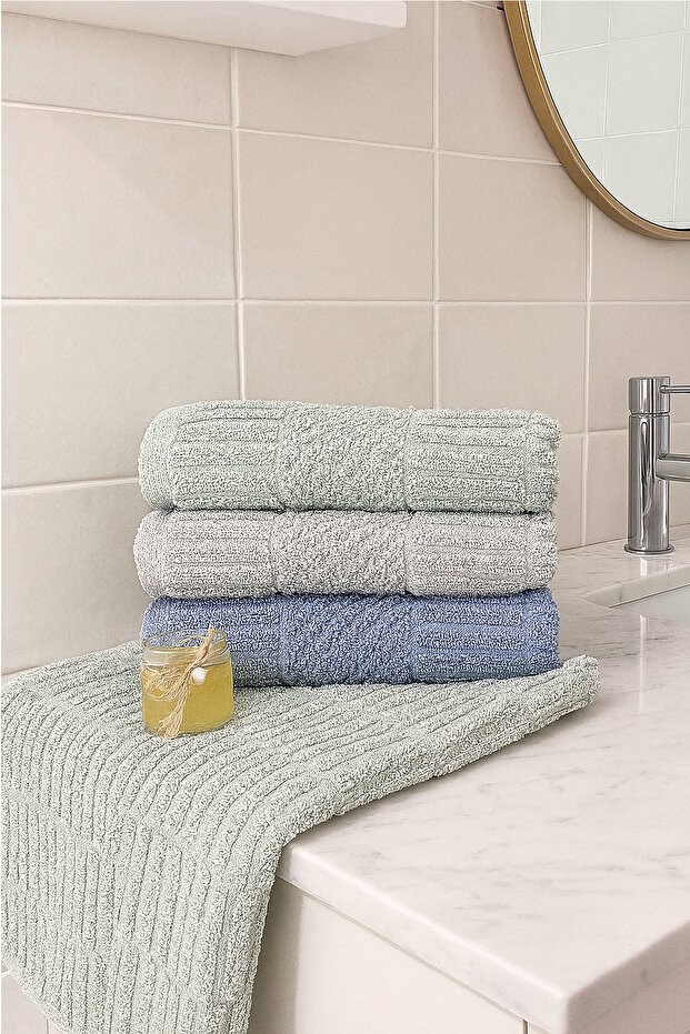 Atlas 3-Piece Hand and Face Towel Set – 50X90 cm 100% Cotton, Soft Textured, Knitted Pattern.