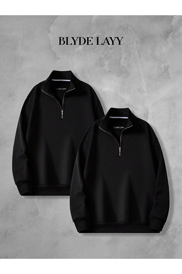 Black Plain Unprinted 3 Thread Half Zipper Double Sweatshirt Lover Couple Combination