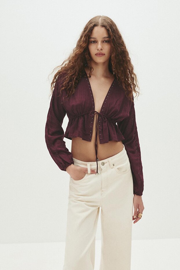 Bağlama detaylı boncuklu bluz - 3