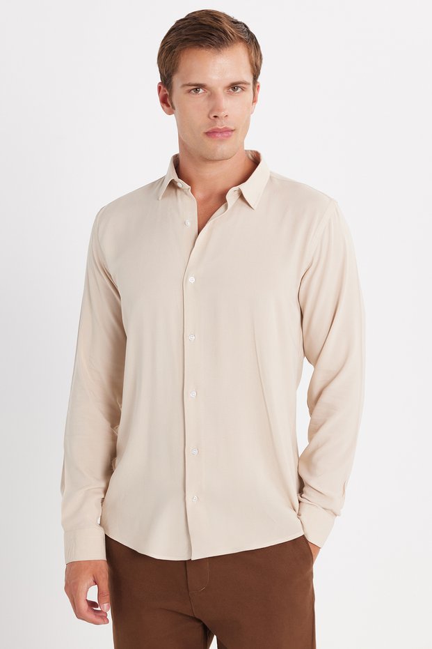 Slim Fit Long Sleeve Slim Fit Flowing Viscose Stylish Stone Color Men's Shirt