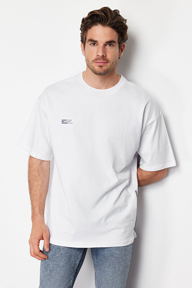 Beyaz Oversize Yazı Baskılı %100 Pamuklu T-Shirt TMNSS24TS00075 - 4