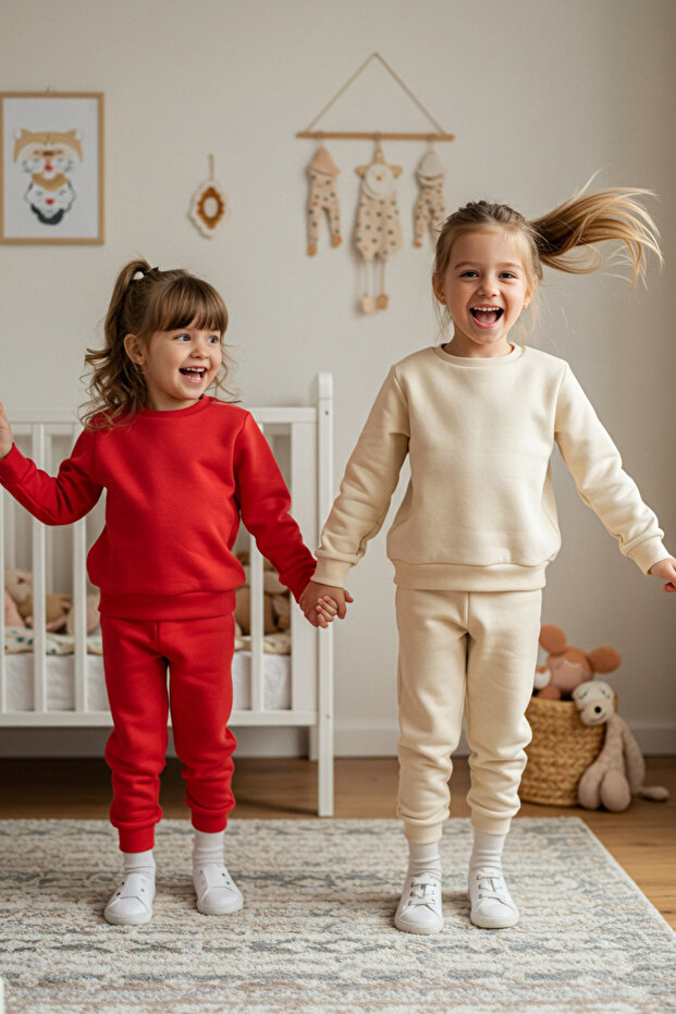 Kırmızı-Ekru Kız Çocuk Pamuklu Basic 23 Nisan İnceÖrme 4'lü Sweatshirt- Eşofman Alt-Üst Takım - 6