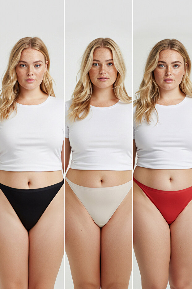 Siyah-Ten-Kırmızı 3'lü Paket Pamuklu String Örme Esnek Büyük Beden Külot TBBAW23CM00002 - 2