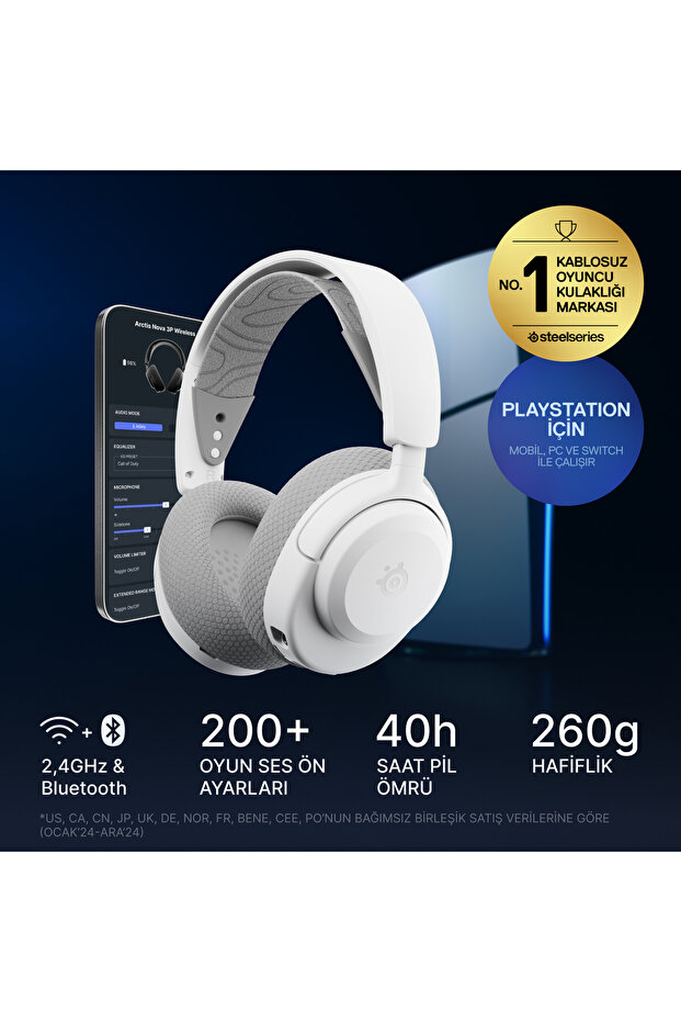 Arctis Nova 3P Wireless Multi Platform PC, PS, Mobil Uyumlu Kablosuz Gaming Kulaklık - Beyaz - 3