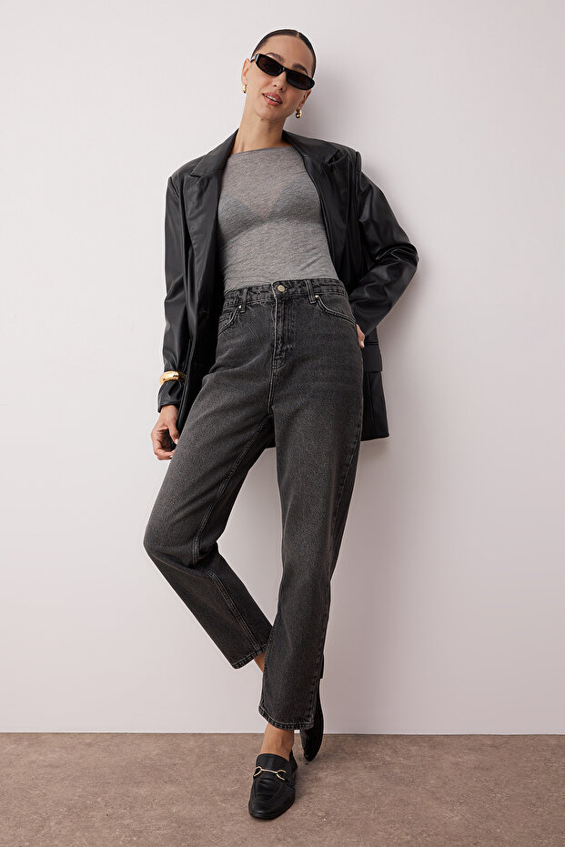 Antrasit Yüksek Bel Mom %100 Pamuk Non-Stretch Jeans TWOSS23JE00085 - 1