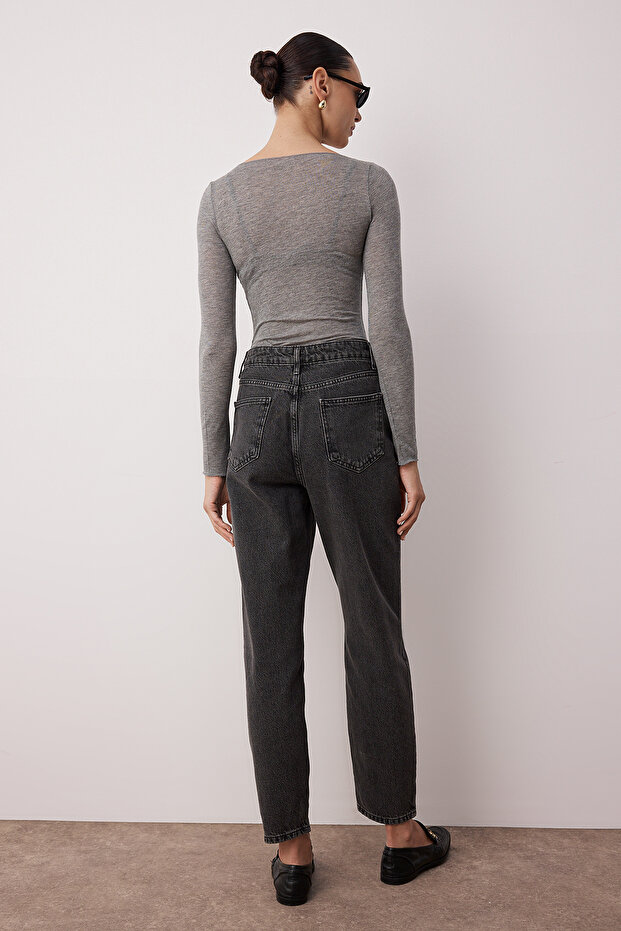 Antrasit Yüksek Bel Mom %100 Pamuk Non-Stretch Jeans TWOSS23JE00085 - 4