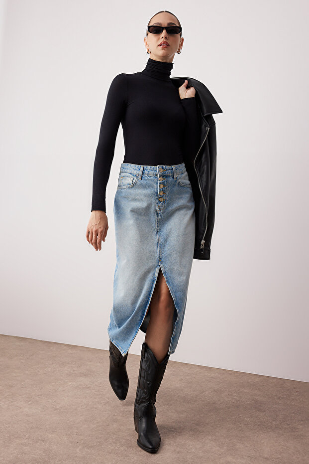 Mavi Önden Düğmeli Yırtmaçlı Midi Denim Etek TWOAW24ET00063 - 1